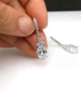 4Ct Oval Cut D/VVS1 Moissanite Drop Lever Back Earrings 14K White Gold Plated - Picture 1 of 8