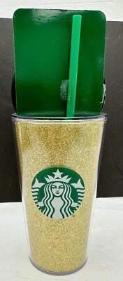Vaso Starbucks 2021 Holiday Gold Glitter 16 oz con pajita y tapa taza acrílico Foto 1 de 3