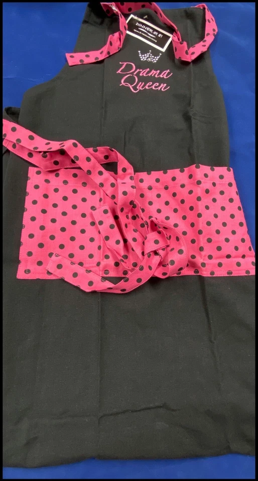 KAY DEE APRON DRAMA QUEEN BLACK WITH POLKA DOT TRIM NEW - Image 1 of 1