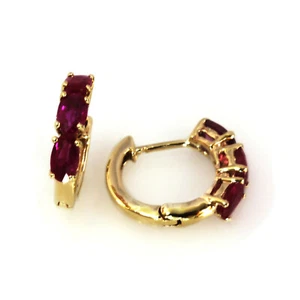 1.5 ctw Natural Red Ruby 14k Yellow Gold Huggie 3 Stone Hoop Earrings 15 MM - Picture 1 of 4