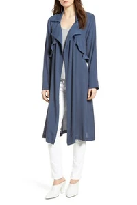 NWT Trouve Ruffle Drape Front Belted Duster Jacket Trench Coat Women's M Blue - Picture 1 of 2