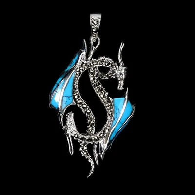 925 Пробы подвеска синий бирюзовый стабилизированный дракон ювелирных изделий - Изображение 1 из 4