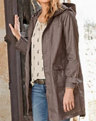 Garnet Hill Size 4 Waxed Coated Linen Long Coat Utility Rain Trench Hooded - Image 1 of 4