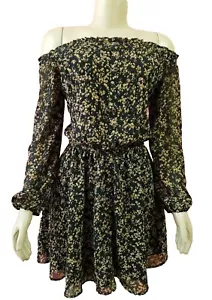 Miss Me Contemporary off the shoulder Women's Floral Black Beige Dress Size M - Picture 1 of 9