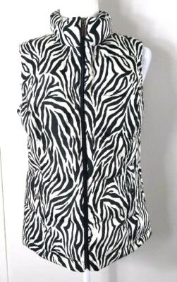 Women's Charter Club Puffer Vest Zebra Striped Animal Print Black White Medium - Image 1 of 4