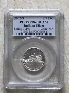 2002 -S 25C SILVER Indiana STATE QUARTER PR68 PCGS Coin - Picture 1 of 4