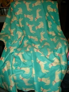 51 X 63" Fleece teal blue with white dog puppy thick nice 1.41667 X 1.75 yards - Picture 1 of 4