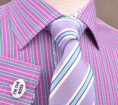 Camisa de vestir formal verde a cuadros y cuadros rosa magenta puño francés promoción comercial Foto 1 de 4