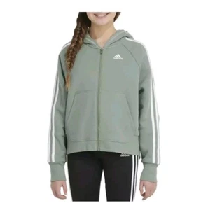 NWT Girls Adidas Zip Up Sweatshirt Hooded Fleece Silver Green Size Large 14 - Picture 1 of 7