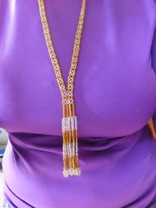 Vintage Golden Topaz & White Colored Seed Bead Tassel Necklace - Picture 1 of 5