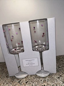 Cupcakes & Cashmere Set Of 2 Wine Glasses Colorful Beaded Dots 3D Rainbow NEW - Picture 1 of 10