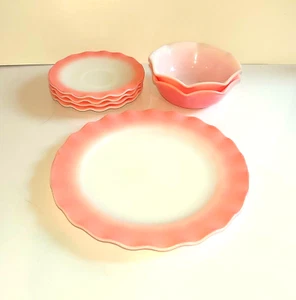 Vtg Hazel Atlas Glass Pink & White Crinoline Edge Dinner Plate 2 Bowls 4 Saucers - Picture 1 of 6