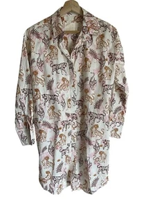Lizette Designs Tiger Print Long Sleeve Collared Shirt Dress Cream Tan Pink Palm - Picture 1 of 6