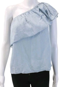 BB Dakota Damen Chambray One Shoulder Rüschen Shirt Bluse Top Blau Gr. S Anthro - Bild 1 von 10