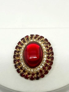 Vintage rote Glas Cabochon Brosche Anstecknadel goldfarbene Strasssteine unsigniert - Bild 1 von 6