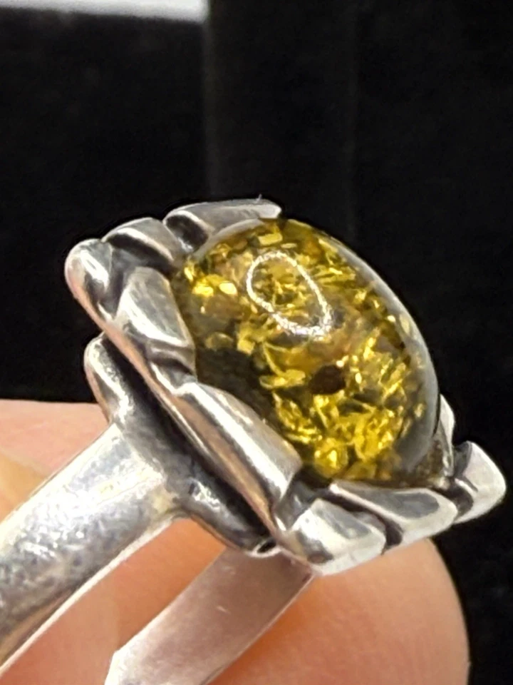 Anillo Ámbar Báltico 925 Vintage Plata de Ley Diseño Abstracto Talla 8.5 Artesanal Foto 1 de 4