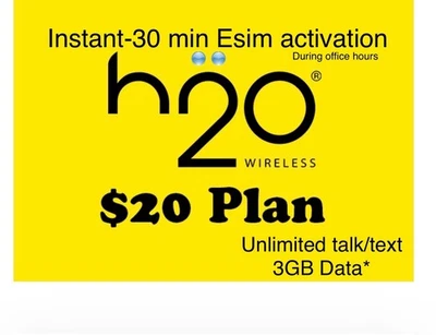 H2O inalámbrico 5G $20 plan ilimitado T/T 3 GB activación instantánea Esim o tarjeta SIM Foto 1 de 2