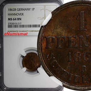 German States HANNOVER Georg V Copper 1862-B 1 Pfennig NGC MS64 BN KM# 233 (217) - Picture 1 of 4