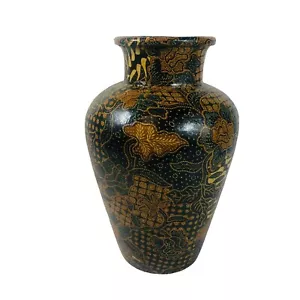 World Market Black Brown Gold Batik Pottery Vase 13.5" H - Picture 1 of 9