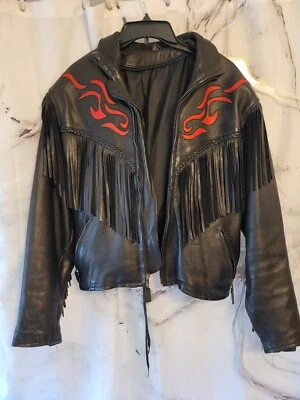 Chaqueta motera de cuero vintage para mujer punk, rockabilly, llamas y flecos (L) Foto 1 de 4