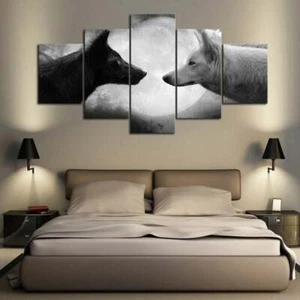 Multi Panel Wolf Showdown Canvas 5 Piece Wolves Frame Black White Moon Wall Art - Picture 1 of 11