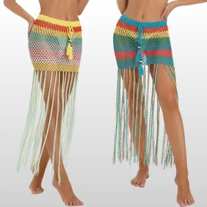 Falda de ganchillo a mano para la playa Sarong colorida falda a rayas con flecos largos - Imagen 1 de 5