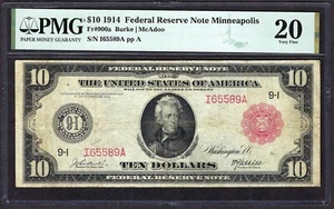 🇺🇸 1914 $10 FR-900a "MINNEAPOLIS" ♚♚RED-SEAL♚♚ PMG VF20 ONLY 60 KNOWN RARE!!! - Picture 1 of 2