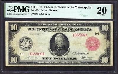 🇺🇸 1914 $10 FR-900a "MINNEAPOLIS" ♚♚RED-SEAL♚♚ PMG VF20 ONLY 60 KNOWN RARE!!! - Image 1 of 2