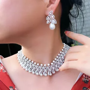 CZ Choker Perle Tennis Halskette Ohrringe für Braut Party Hochzeit Schmuck Set - Bild 1 von 11