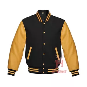 Varsity Men's Letterman Baseball Black Wool Genuine Gold Leather Sleeves Jackets - Bild 1 von 6
