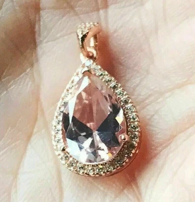 Morganite Pear Cut Halo Pendant 4Ct Lab Created 14K Rose Gold Plated Silver - Image 1 of 4