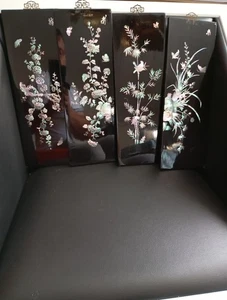 4 panneaux vintages, en bois laqué et en nacre multicolores incrustés à la main. - Picture 1 of 24