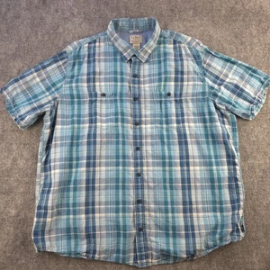 LL Bean Shirt XLT Tall Blue Plaid Linen Blend Short Sleeve Button Down Pockets - Picture 1 of 7