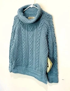 Maglione ARAN 100% lana merino maglia grossa pescatore taglia L blu nuovo con etichette - Foto 1 di 4