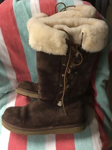 UGG Women's S/N 5163 Solid Pattern Mid-Calf Lace-Up Boots Tan Size 9 Womens - Picture 1 of 12