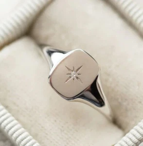 Solid Gold Diamond Star Signet Ring Vintage Diamond Ring Silver Diamond StarRing - Picture 1 of 6