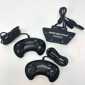 2 Sega Genesis 3 Button Controllers Black 1650 and Super Multi-Play Performance - Picture 1 of 7