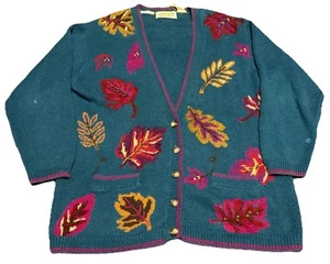 Vintage Fall Leaves Knit Cardigan Sweater L Novelty Grannycore J3 - Picture 1 of 4