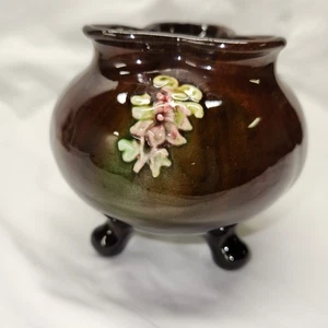 Vintage WELLER Brown Glazed 4" Tripod Bowl Vase w/Floral Design - Picture 1 of 19