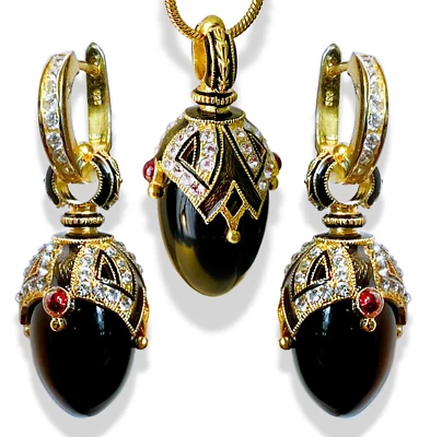 925 Sterling Black Onyx Faberge Egg Jewelry Set Crystals Enamel Garnets Hoops - Image 1 of 4
