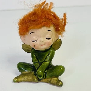 Vintage MCM Napco Girl Pixie Elf Ceramic Figurine Red Hair Closed Eyes C-6946 - Picture 1 of 10
