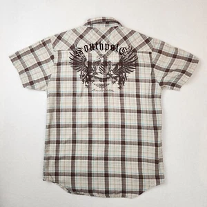 SouthPole Shirt Boys Large 16 - 18 Brown Plaid Embroidered Short Sleeve Button - Picture 1 of 11