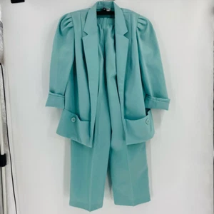 Vintage Sue Brett Womens Power Suit Solid Sea Green Blazer Pants Set Pull On 14 - Picture 1 of 12
