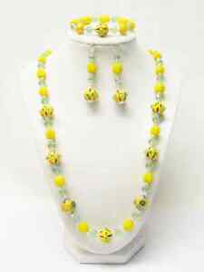 Yellow w/Green Crystal Faceted Glass Bead Necklace/Bracelet/Earrings