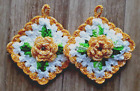 New Handmade Crochet Set 2 Irish Rose Pot Holders Frosted Antique Gold & Green