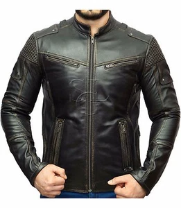 Chaqueta de Cuero Envejecido Estilo Motociclista Café Corredor para Hombre de Colección - Imagen 1 de 7