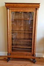 Antique Oak Bookcase China Cabinet - Single Door- Wavy Glass - Paw Feet