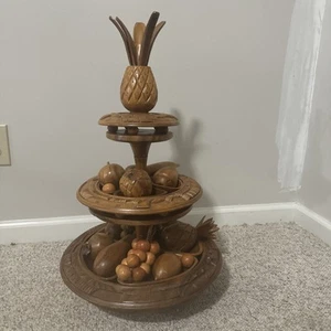 Vtg MCM Hand Carved Monkey Pod 3 Tier Lazy Susan - Beautiful Serving Tray - Picture 1 of 11