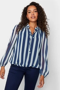 M&Co Womens Stripe Print Tie Neck Blouse - Picture 1 of 9