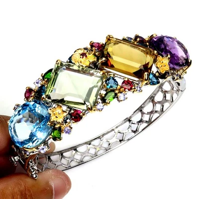 925纯银手镯八角黄水晶67克拉黄玉手工宝石6.7英寸罕见 — 第 1/4 张图片